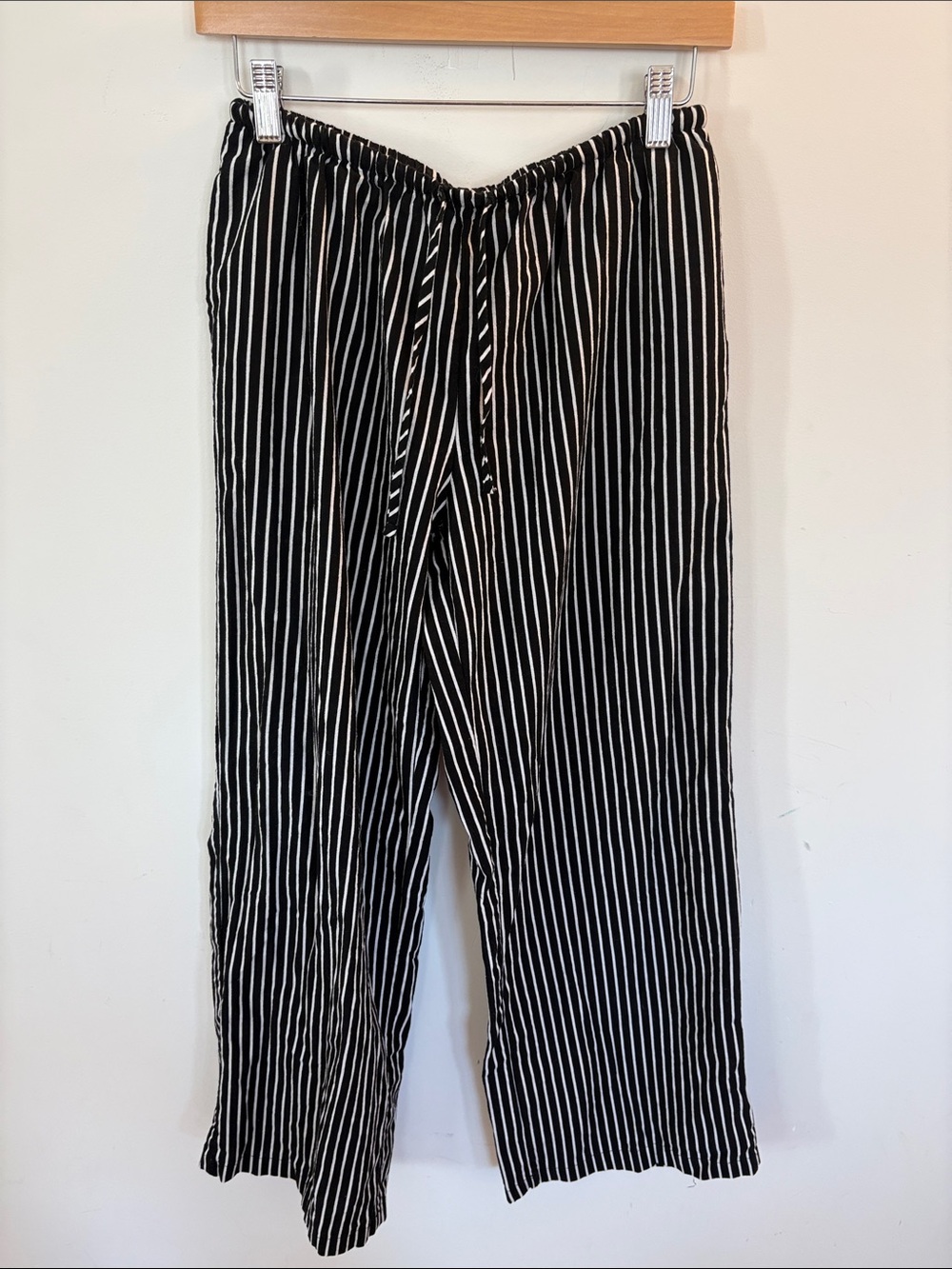 100% Cotton Black and White Vertical Stripe Wide-Leg Pants with Drawstring